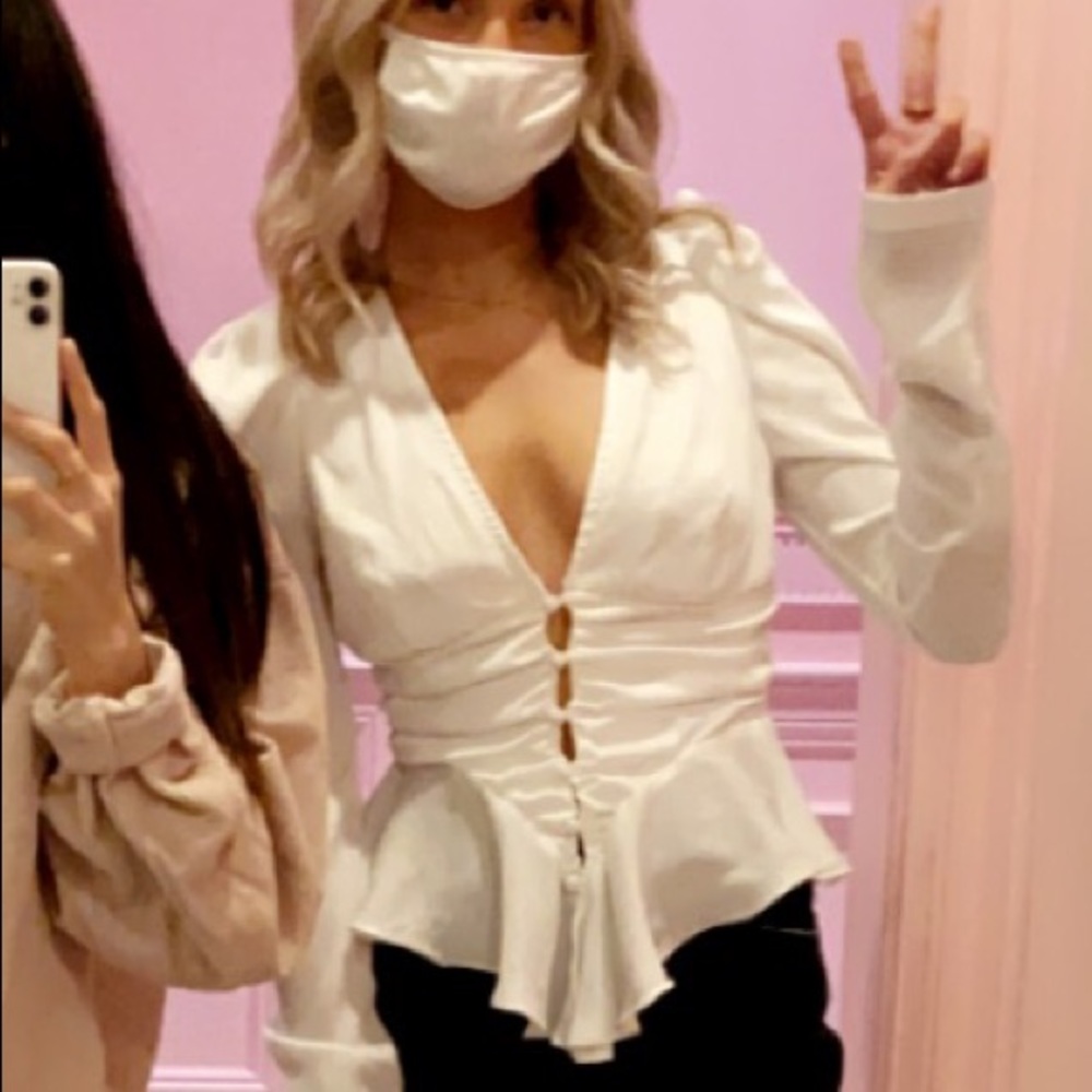 white button up satin peplum cinch waist blouse